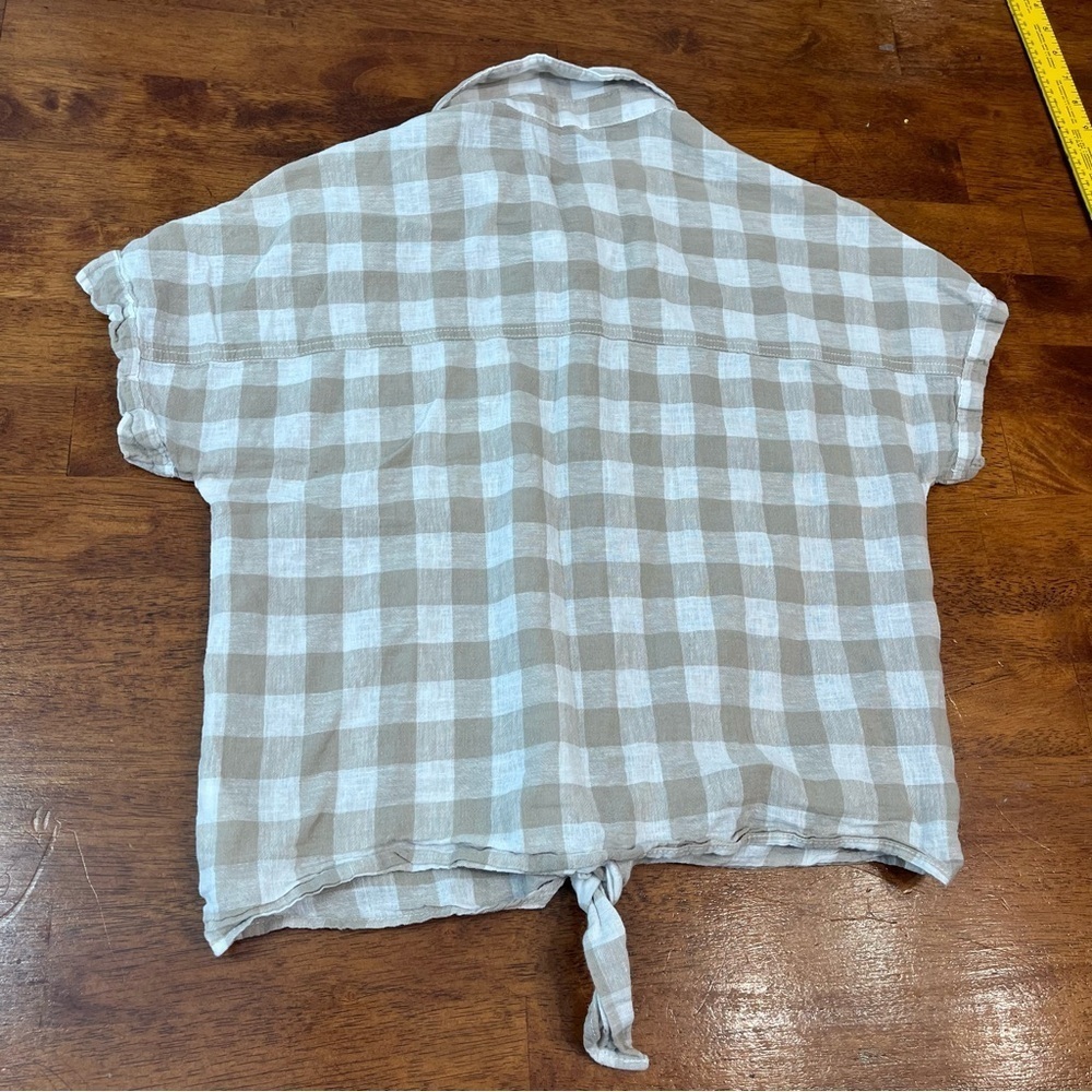 Beachlunchlounge white tan checkered gingham linen cotton shirt tie front size S - Picture 4 of 5